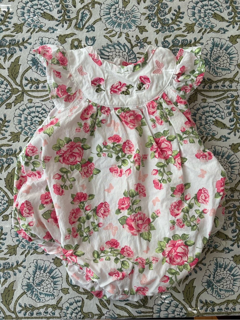 Baby Essentials Floral Bubble Romper with Embroidery - Pink & Green